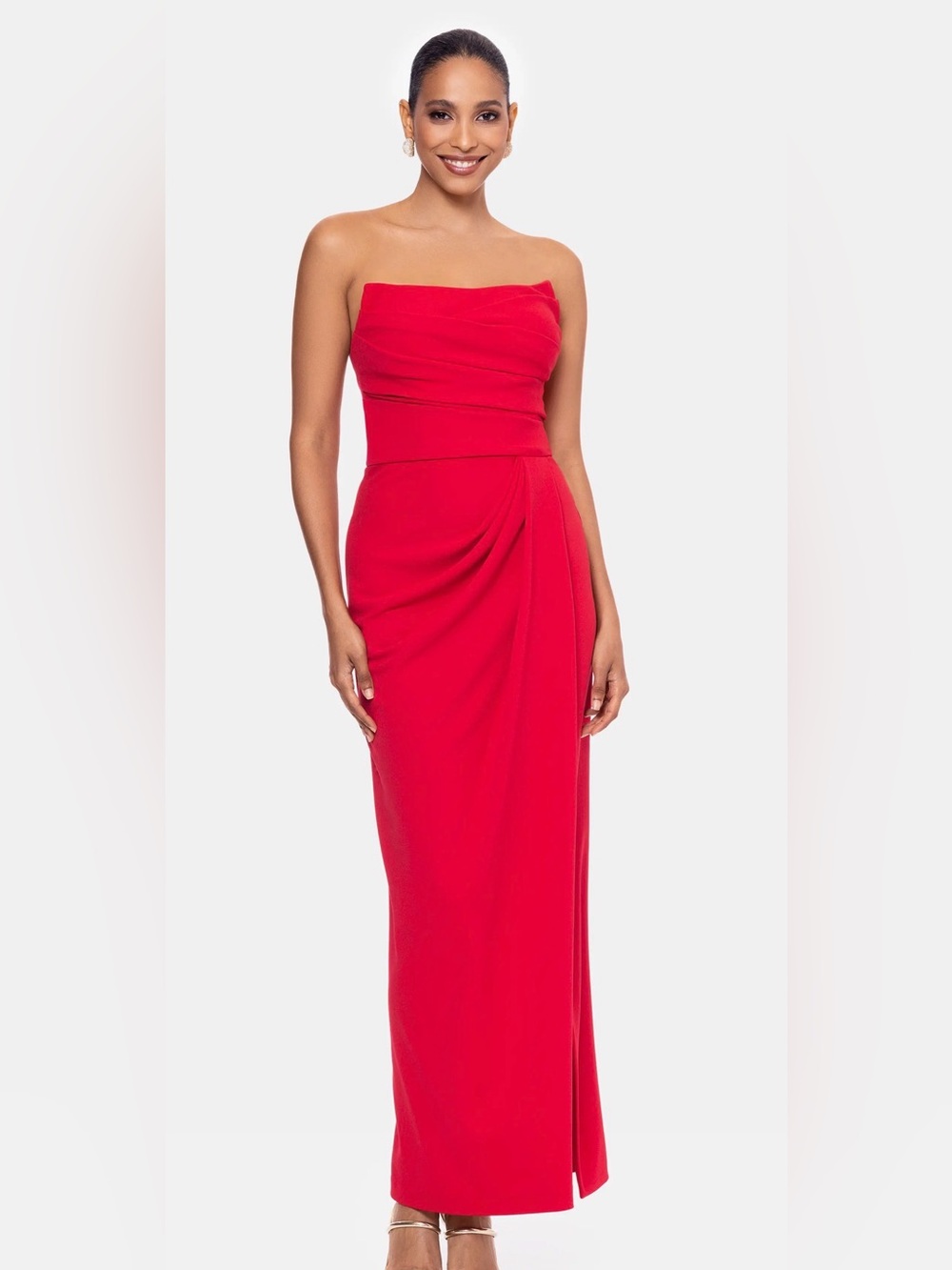 Betsy & Adam Strapless Scarlet Draped Gown